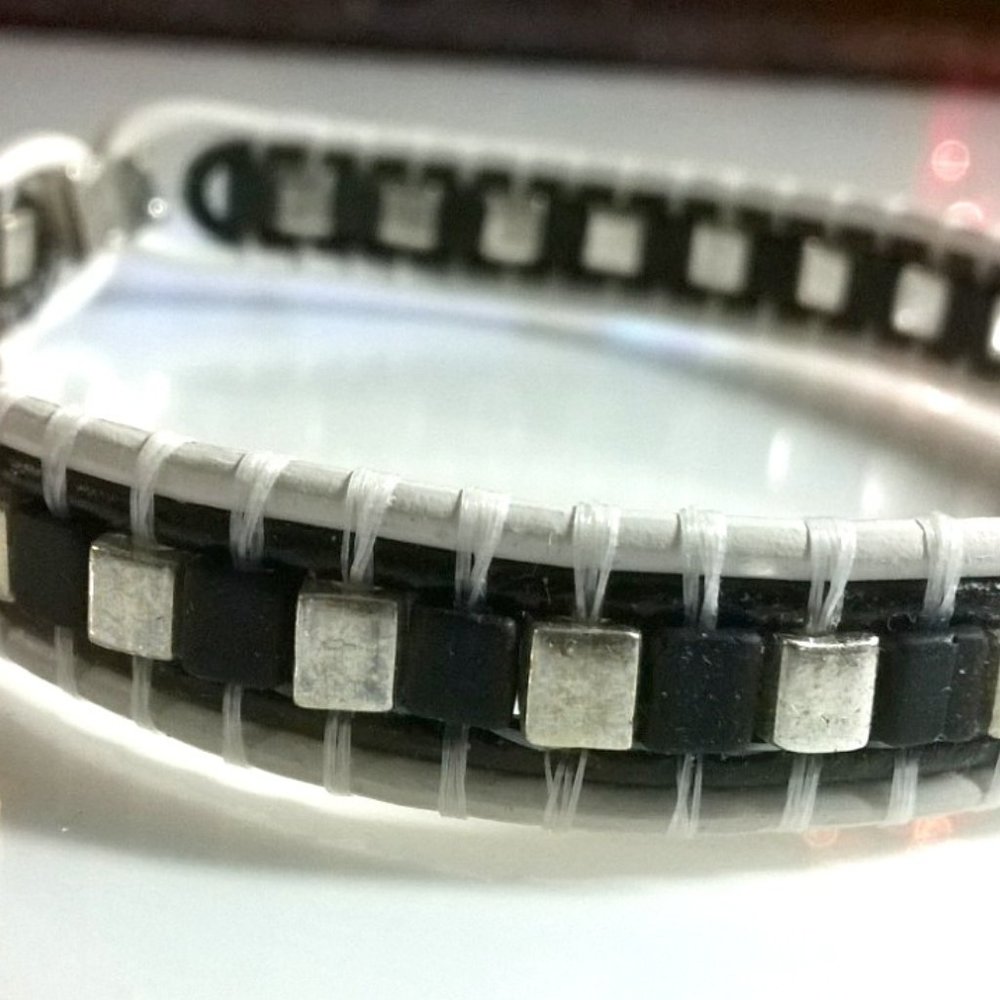 8.25" Black and Silver Square Glass Bead Bracelet Unisex One of a Kind Distress